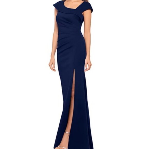 Xscape Midnight Blue Asymmetric-Neck Side-Slit Scuba Gown - Picture 1 of 4